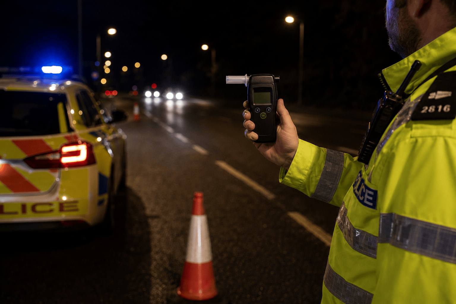 Police officer using a breathalyzer at a nighttime roadside traffic stop with patrol car and cones.